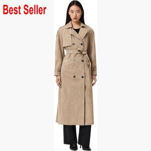 Suede Trench Coat, Long Sleeve, Notch Collar, Zipper Closure